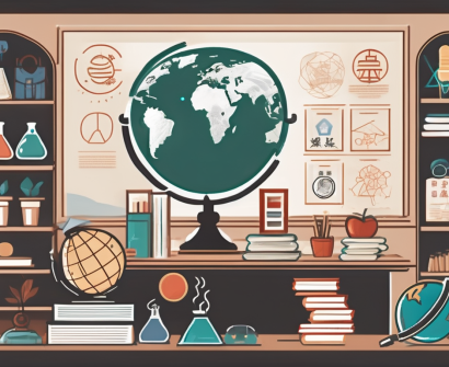 A classroom setting in china with a chalkboard displaying various educational symbols