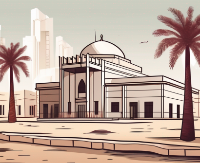 A traditional qatari landscape with a school building in the foreground and a stack of coins symbolizing salary on the side