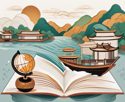 A vietnamese landscape with symbolic elements representing education and cultural diversity