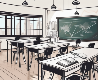 A classroom setting in singapore with iconic landmarks in the background