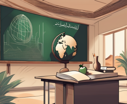 A classroom setting with a blackboard