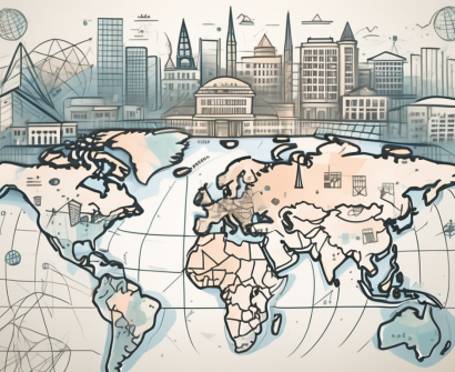 A global map with symbolic icons of calculators