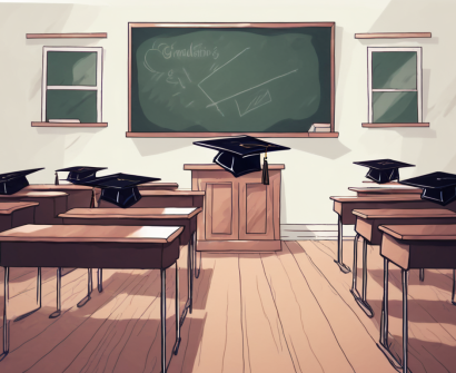 A classroom with an empty teacher's desk