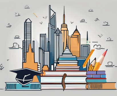 A symbolic representation of bangkok's skyline with various educational elements like books