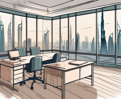 A classroom with a view of the dubai skyline