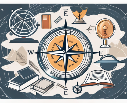 A compass surrounded by various educational symbols like books