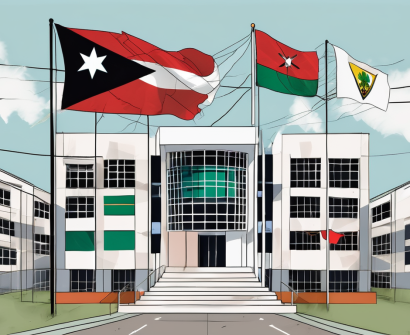 The international school of port of spain building with a diverse array of national flags fluttering around it