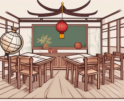 A classroom with traditional chinese elements such as a lantern