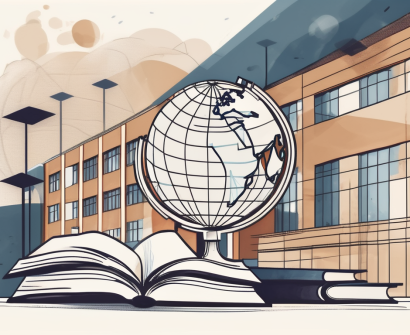 A variety of international school buildings with a large globe in the background