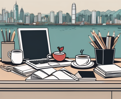 A cluttered teacher's desk with textbooks