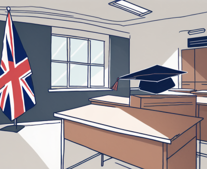 A classroom setting with an empty teacher's desk