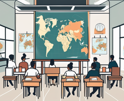 A futuristic classroom in qatar with advanced technology like virtual reality headsets