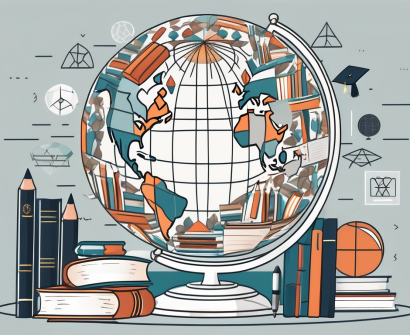 A globe surrounded by various symbols of academics like books