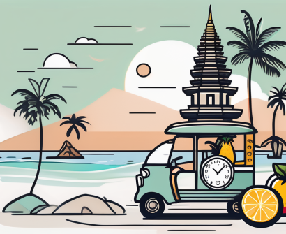 A balanced scale with one side holding iconic thai symbols like a temple
