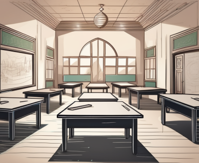 A classroom setting with an empty teacher's desk in the foreground