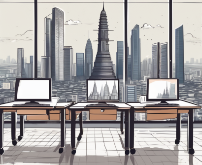 A classroom setting with desks