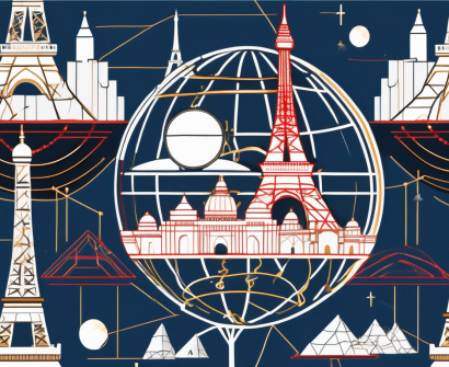 A globe with various iconic landmarks (like the eiffel tower
