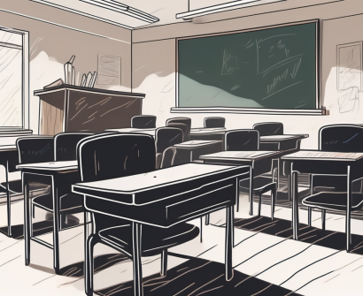 A classroom with empty desks