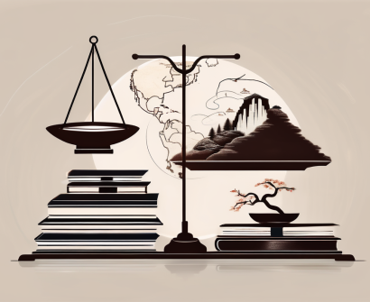 A balanced scale with books on one side and a silhouette of the chinese landscape on the other