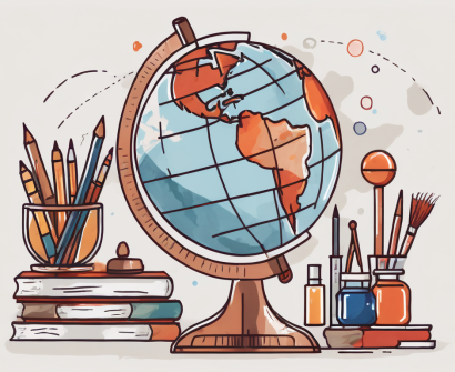A globe surrounded by various educational tools such as books