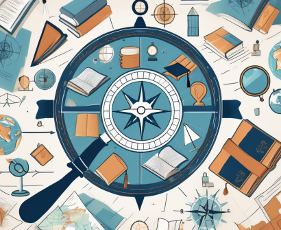 A global map with various school-related icons