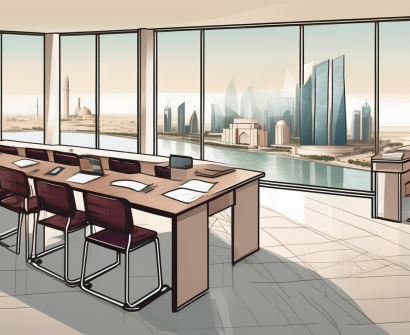 A classroom setting with a view of iconic qatari landmarks in the background