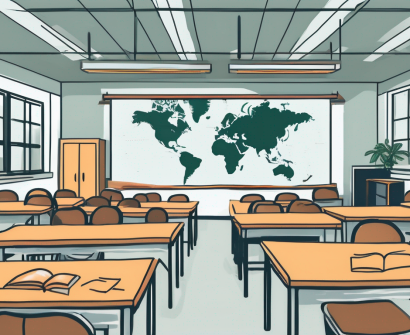 A classroom with empty chairs and desks