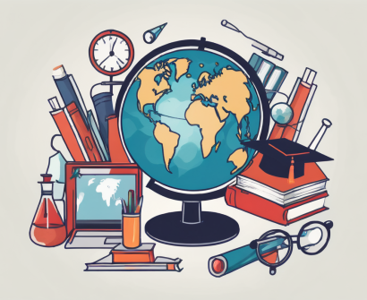 A globe surrounded by various iconic educational tools such as books