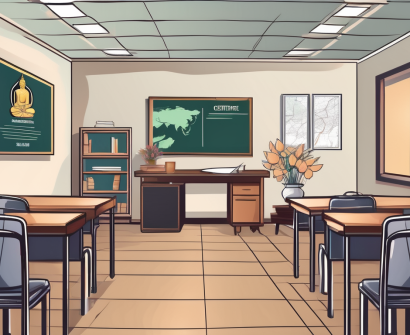 A classroom setting in thailand with an empty teacher's desk and chair