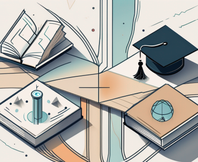 A crossroads with one path leading to a graduation cap symbolizing an ma and another path leading to a microscope symbolizing an ms