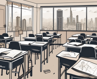 A cluttered classroom with broken desks
