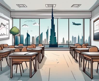A classroom setting in the uae with iconic landmarks like the burj khalifa in the background