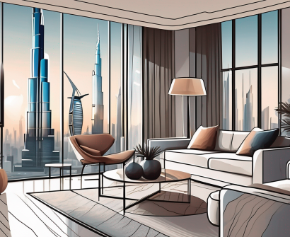 A furnished apartment with a view of the dubai skyline