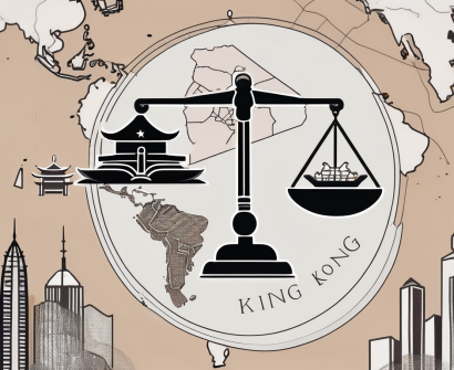 A balanced scale with a graduation cap on one side and a map of hong kong on the other