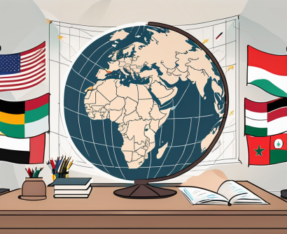 A classroom with international flags