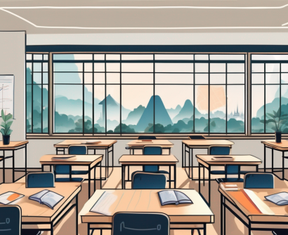 A classroom scene with a view of thailand's landmarks through the windows