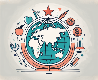 A globe surrounded by symbols representing teaching (like an apple)