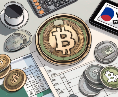 A variety of traditional south korean currency notes and coins spread out on a table with a simple calculator and a pie chart on a tablet screen