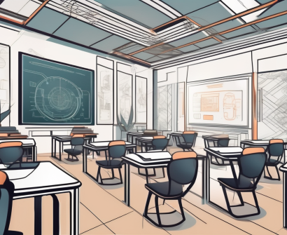 A classroom with a chalkboard displaying iconic vietnamese symbols like the lotus flower