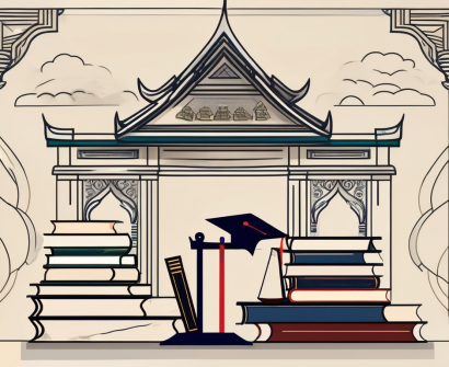 A balanced scale with textbooks on one side and graduation caps on the other