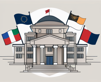 The carol morgan school building with several international flags fluttering in the breeze