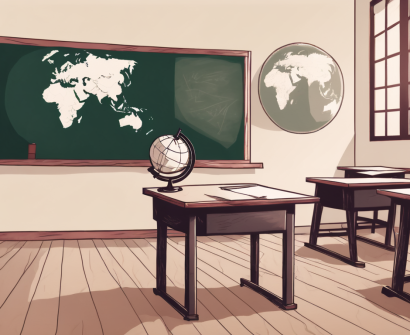 A traditional chinese classroom with an empty teacher's desk in front