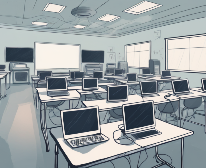 A modern international classroom filled with various technological tools like laptops