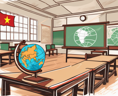 A classroom scene with a chalkboard