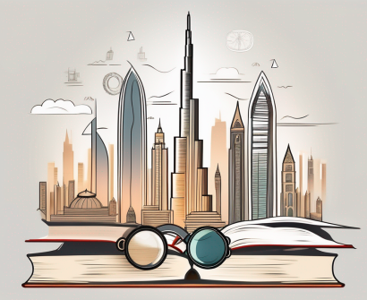Dubai's iconic skyline with various educational symbols such as books
