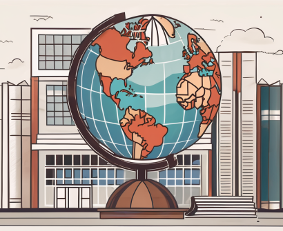 A thai school building with a globe showing different countries in the foreground