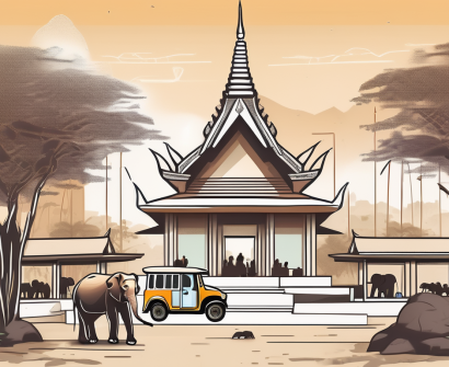 A classroom in bangkok with iconic thai elements like a tuk-tuk and temples in the background