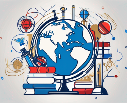 A globe with various iconic educational symbols