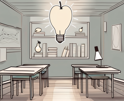 A serene school environment with symbolic elements like an apple