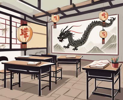 A classroom setting in china with a blackboard
